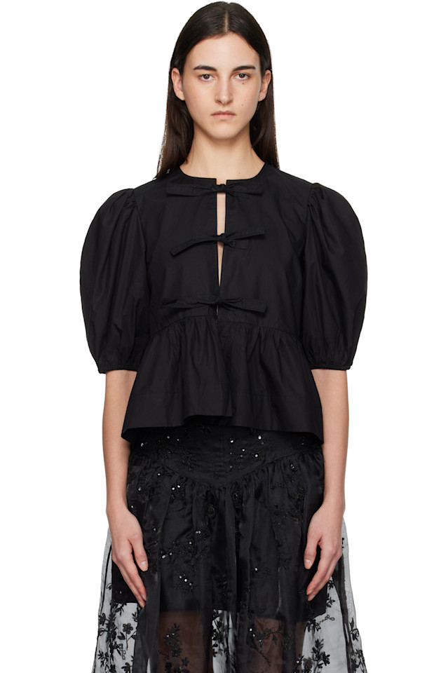 

Блузка из хлопкового поплина с баской и завязками Ganni, черный