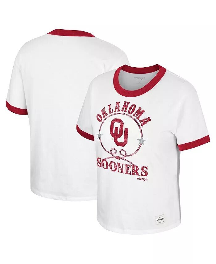 

Белая рваная футболка с эффектом потертости Women's x Wrangler Oklahomaooners Freehand Ringer Colosseum