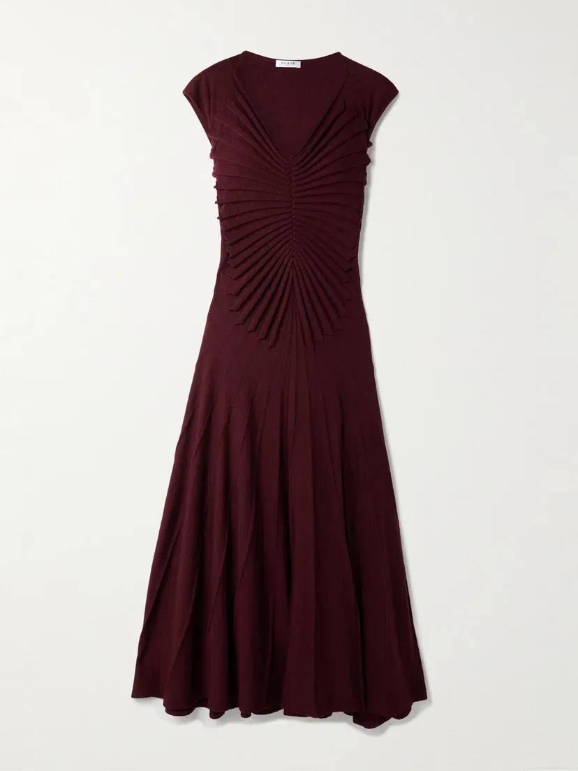 Плиссированное шерстяное миди-платье Alaïa, бордовый