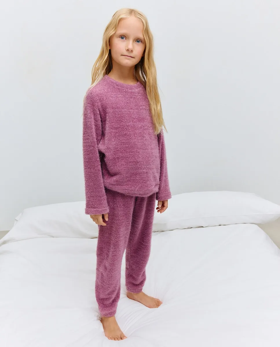 

Полный длинный трикотажный пижамный комплект с отделкой из искусственного меха для девочки Cotton Juice, лиловый