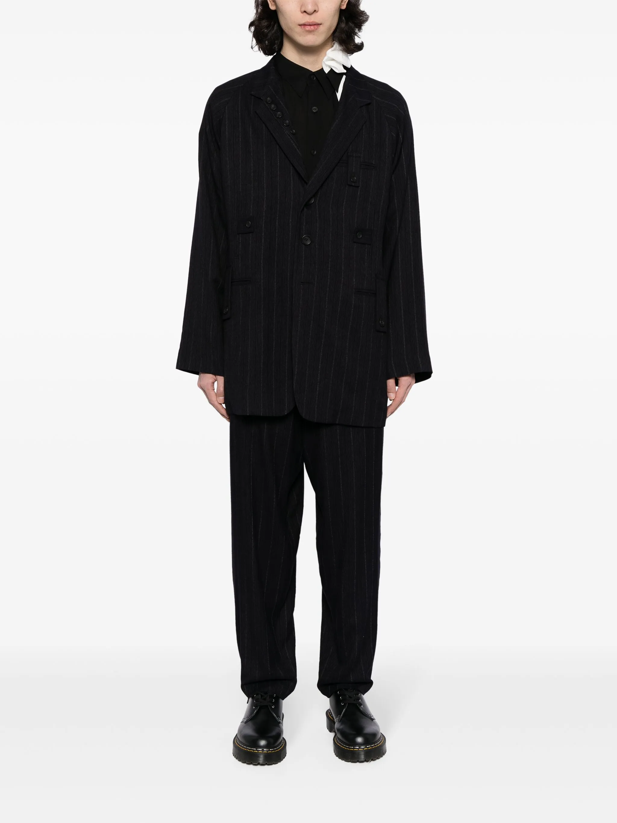 Однобортный блейзер в тонкую полоску Yohji Yamamoto, черный — фото 2