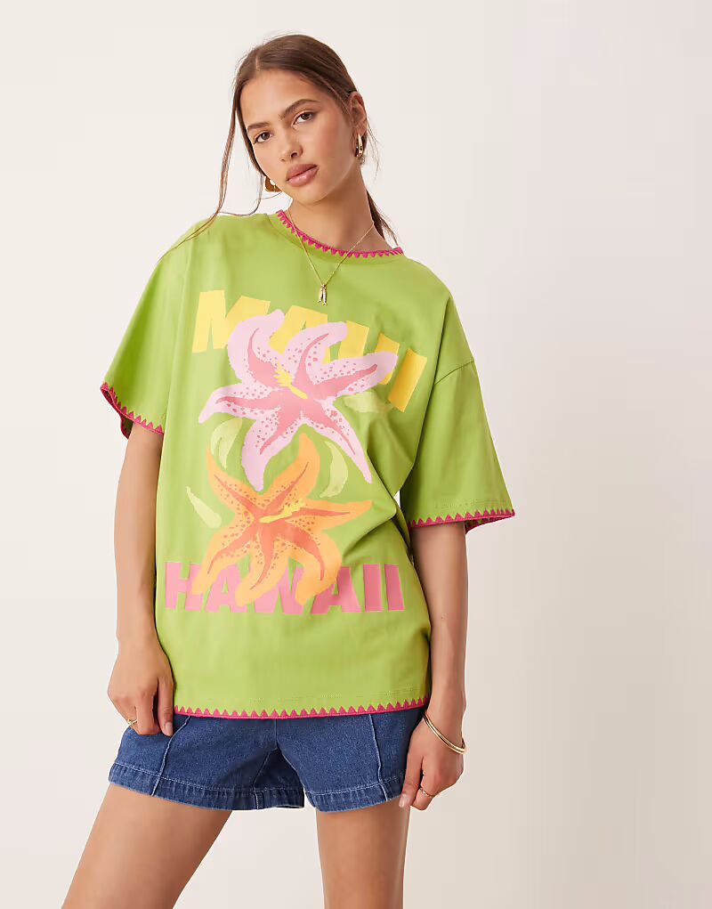 

Футболка свободного кроя ASOS DESIGN зеленого цвета с гавайской графикой и декоративной строчкой
