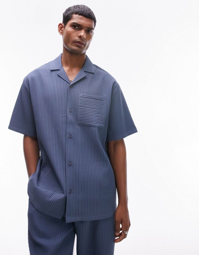 

Topman - Синяя плиссированная рубашка с коротким рукавом, часть комплекта