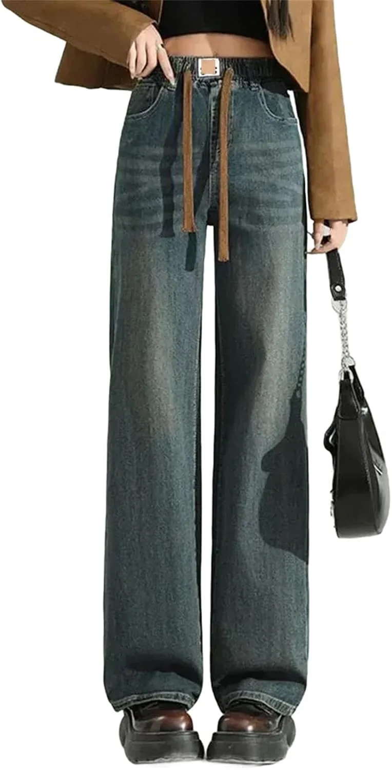 Женские винтажные мешковатые утепленные прямые джинсы Korean Elastic High Waist с флисовой подкладкой зимние теплые Vaqueros Generic, синий