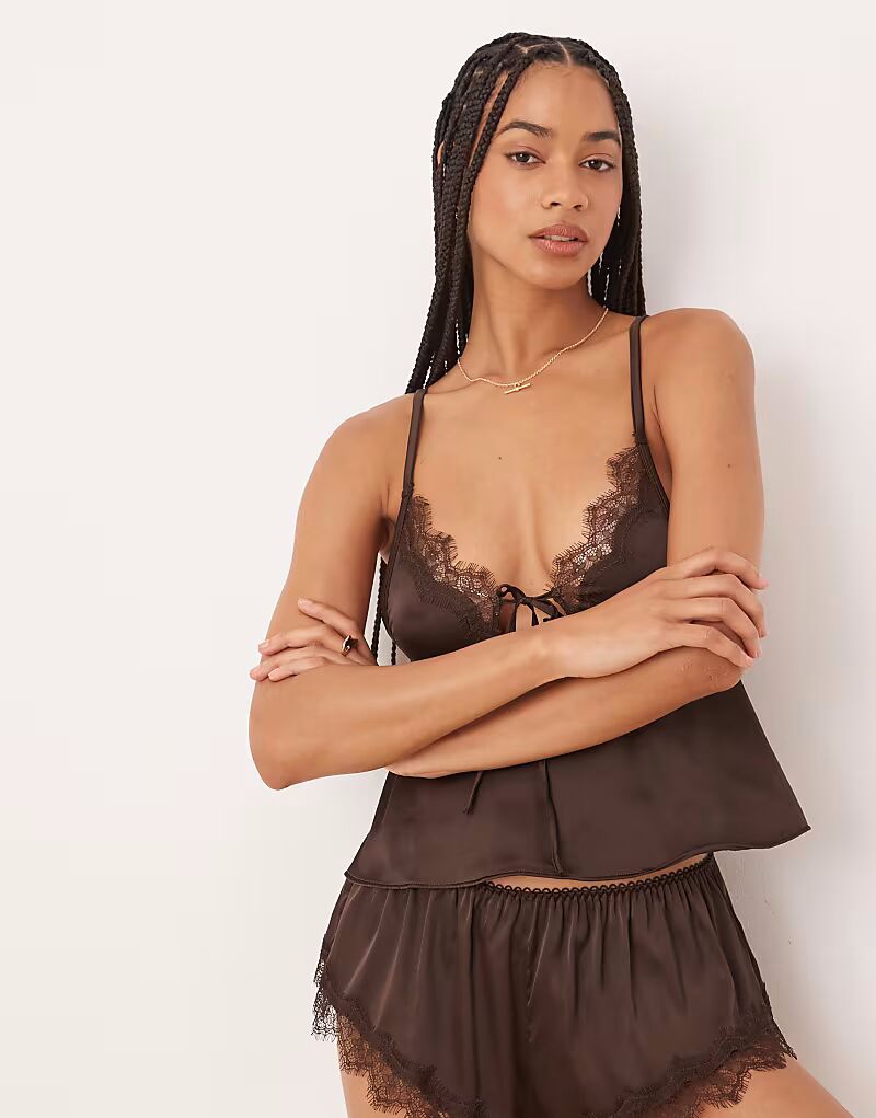 

Атласная кружевная майка Sorrento в цвете эспрессо Kat The Label