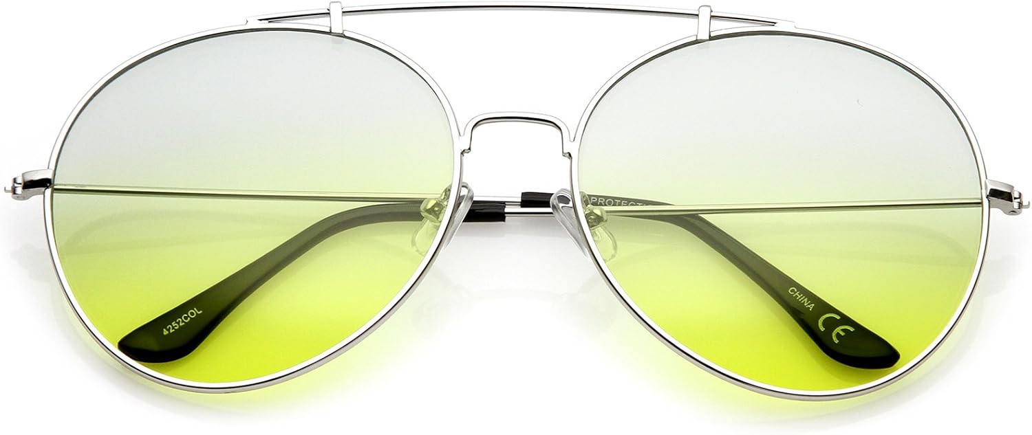 

zeroUV - Солнцезащитные очки-авиаторы с увеличенной металлической двойной переносицей, тонкими дужками и градиентными круглыми линзами, диаметр линз 64 мм, Silver / Blue-yellow