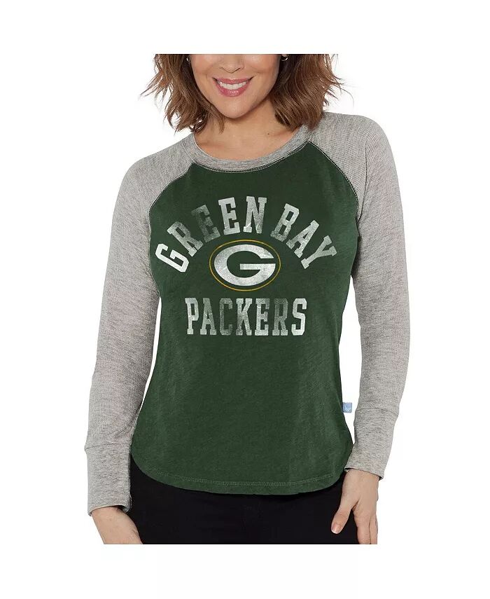 

Женская футболка Green Bay Packers Waffle Knit Raglan с длинным рукавом зеленого, серо-меланового цвета с потертостями G-III 4Her by Carl Banks