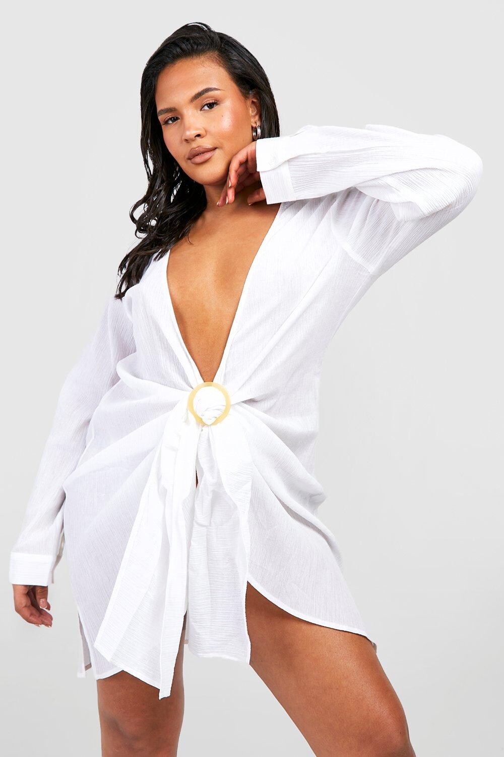 

Пляжное платье размера плюс с кольцами из марлевой ткани boohoo, белый