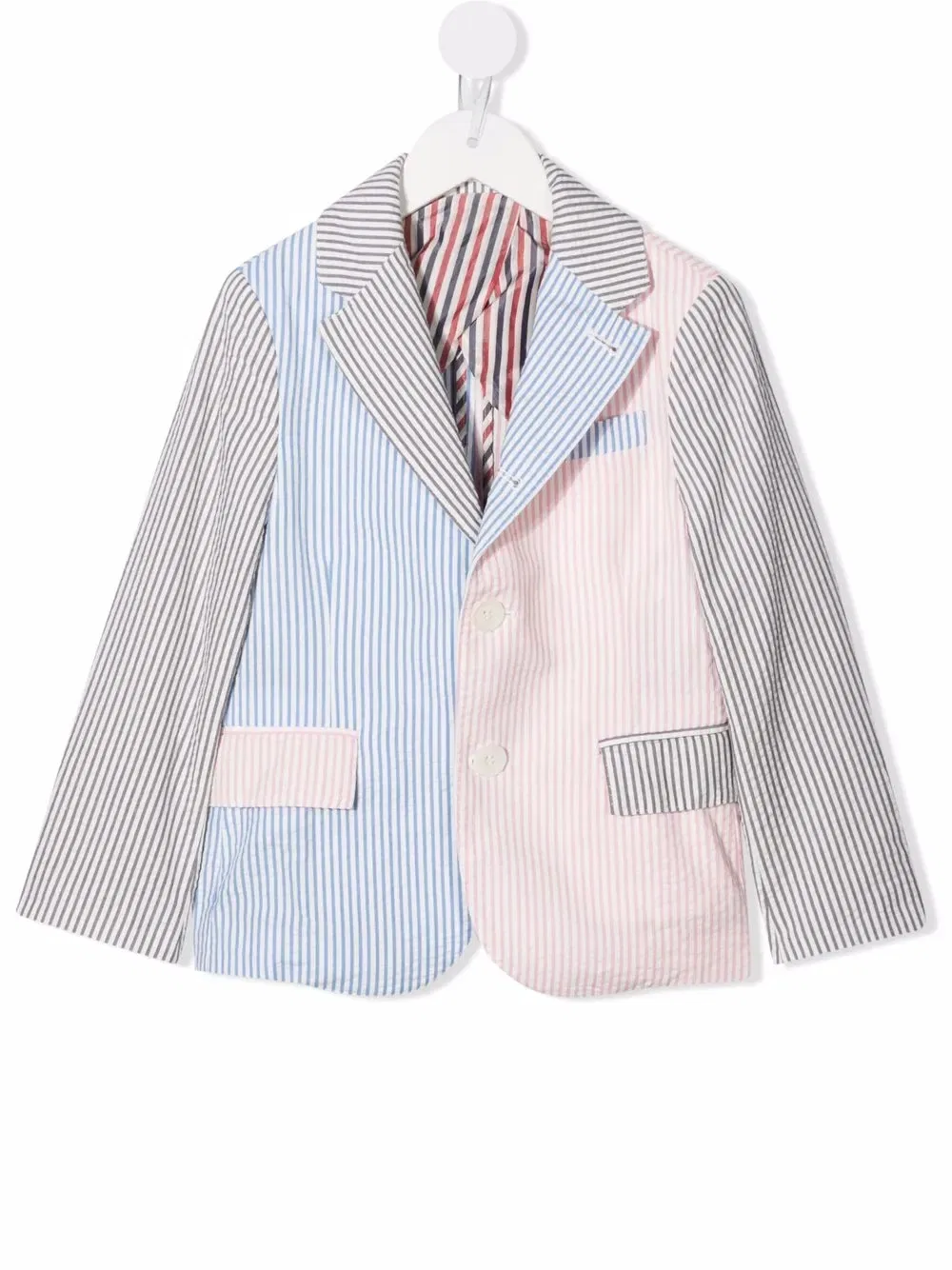 Спортивный пиджак из сирсакера в многополосную расцветку Thom Browne Kids, серый