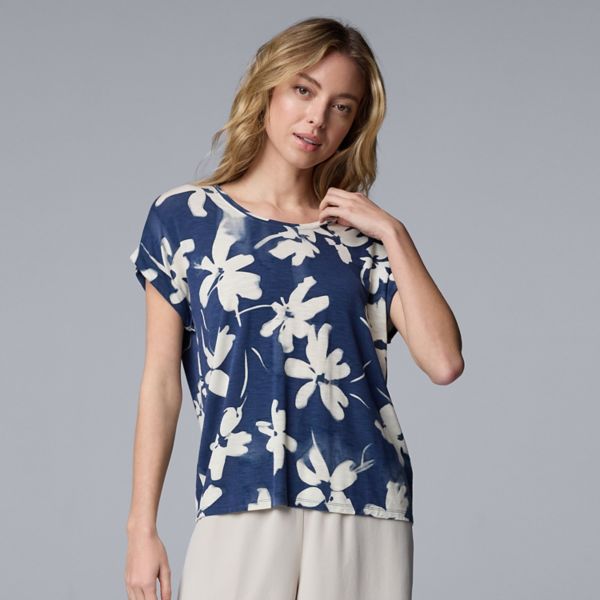 

Женская футболка с круглым вырезом и рукавом долман Simply Vera Vera Wang, цвет navy faded dye floral