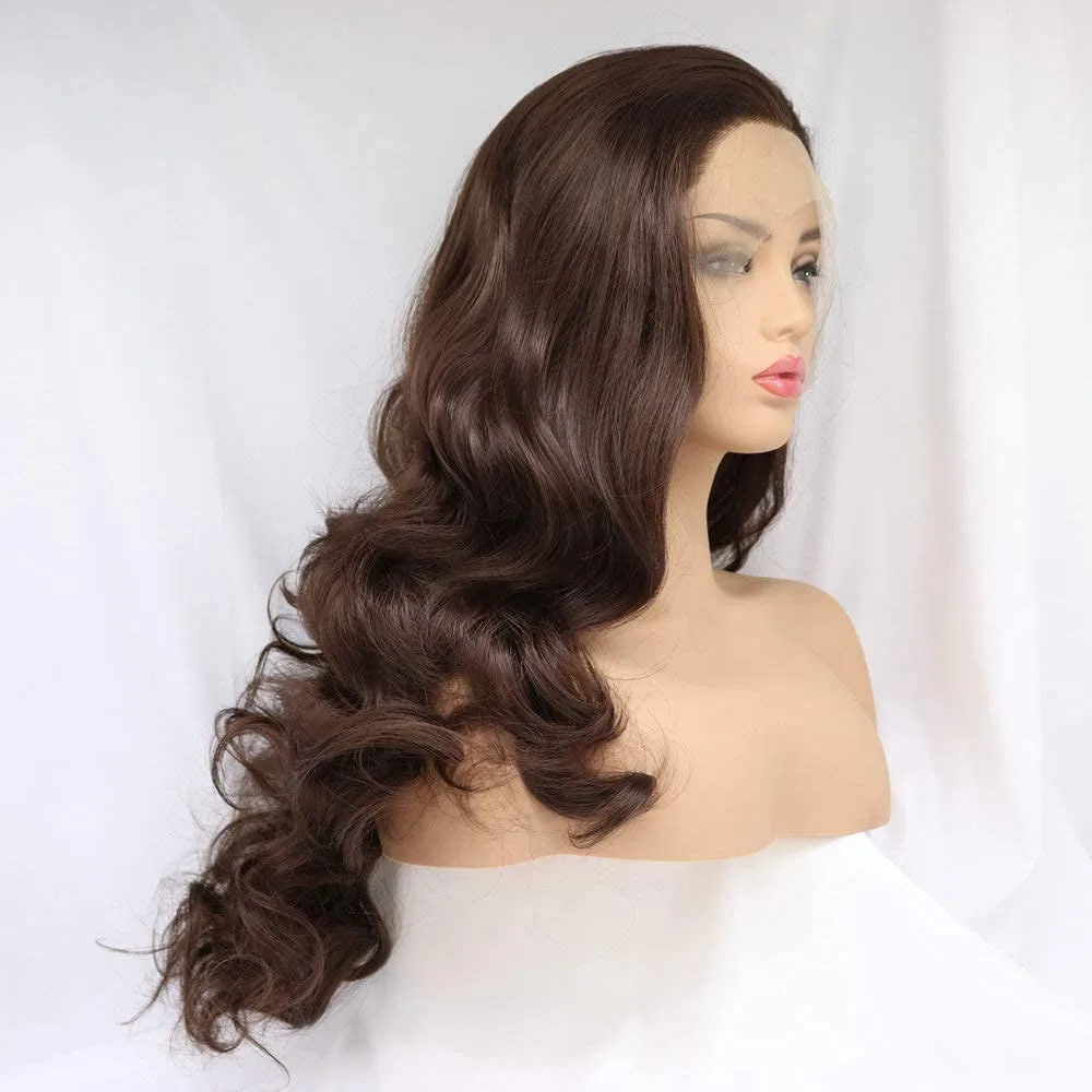 Длинный волнистый парик Lace Front из синтетических волос, 26 дюймов, натуральный коричневый Rainahair — фото 4