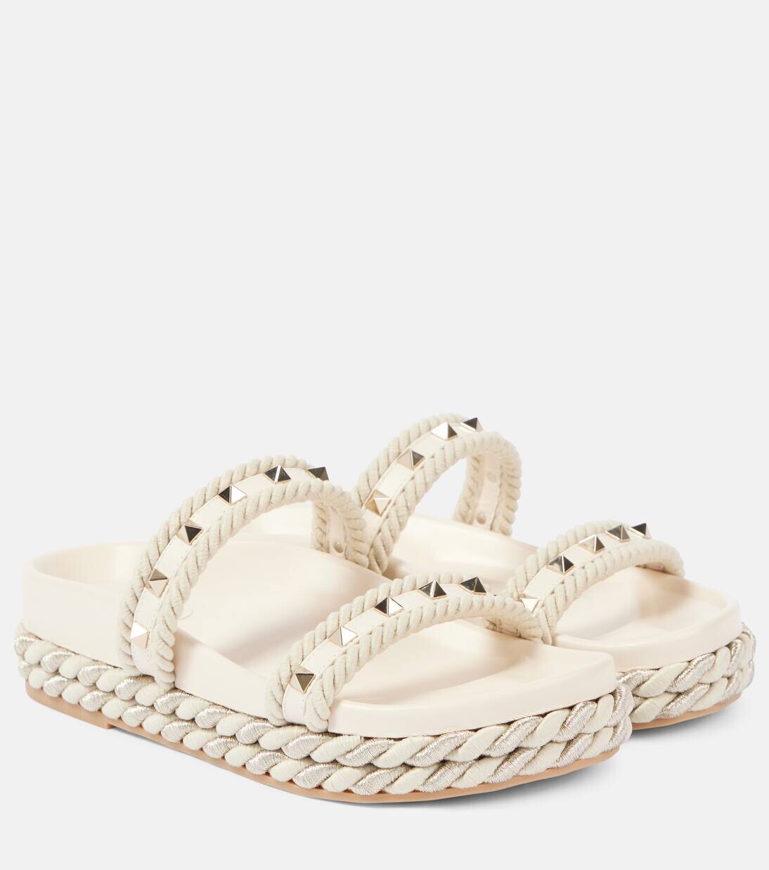 Сандалии эспадрильи из кожи Rockstud Valentino Garavani, цвет light ivory