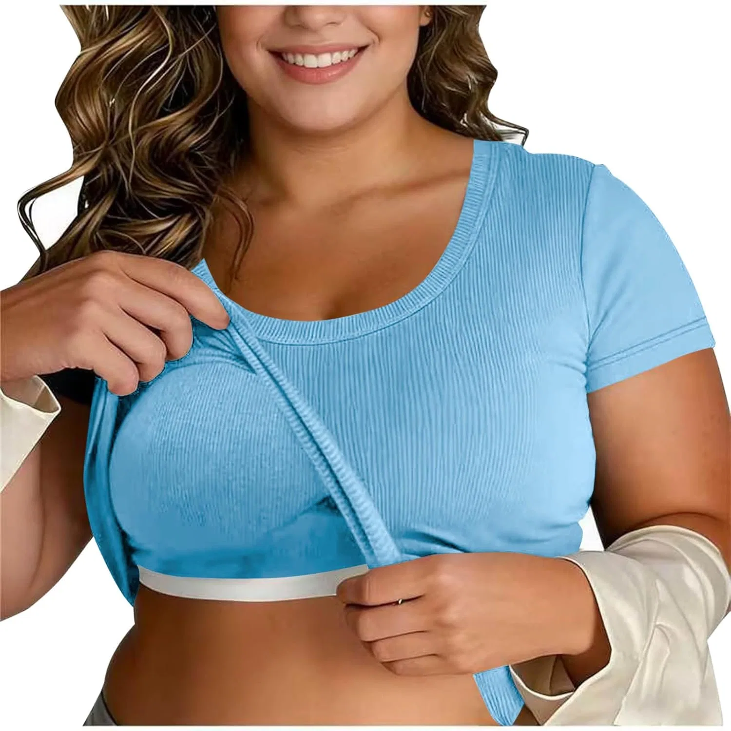 Футболка с встроенным бюстгальтером Plus Size: повседневная модель с круглым вырезом и короткими рукавами, облегающий топ-туника для тренировок, йоги и спорта Generic, светло-голубой