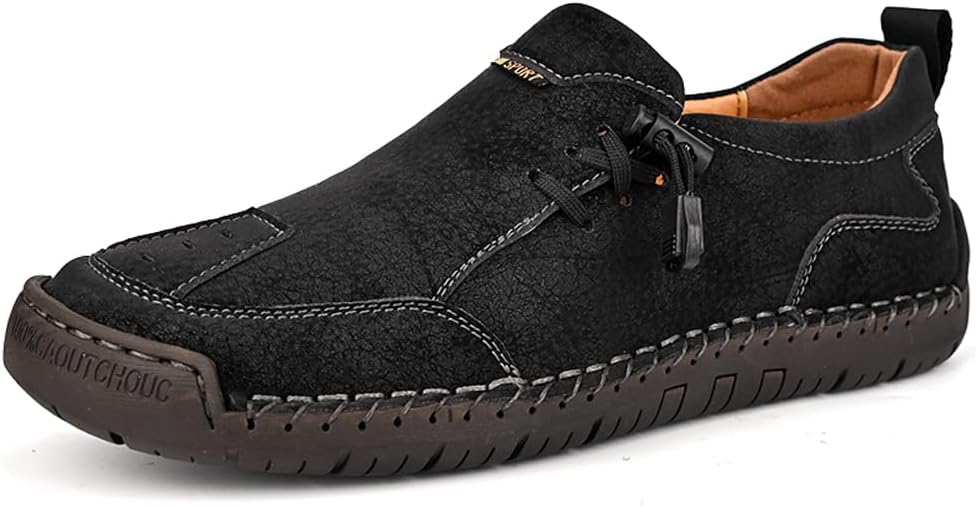 

Мужские лоферы из кожи, ручная работа, швы, повседневные, дышащие, удобные для ходьбы, без шнурков, комфортные для улицы и офиса Asifn, черный