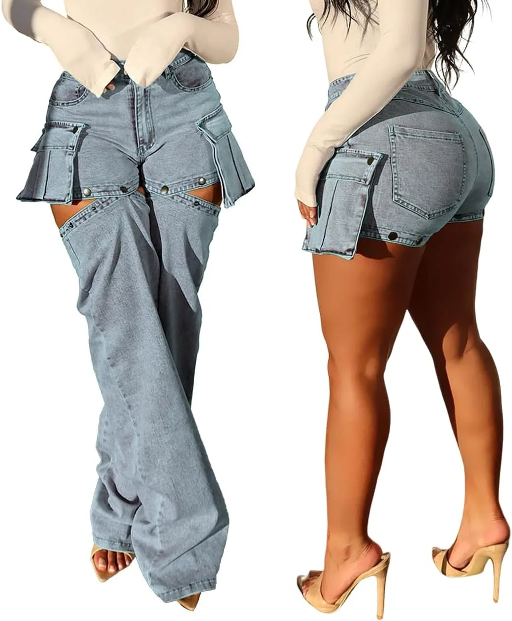 

Женские джинсы-карго с высокой посадкой Y2K, мешковатые, с отстегивающимися карманами и вырезами CHEZVOGUE