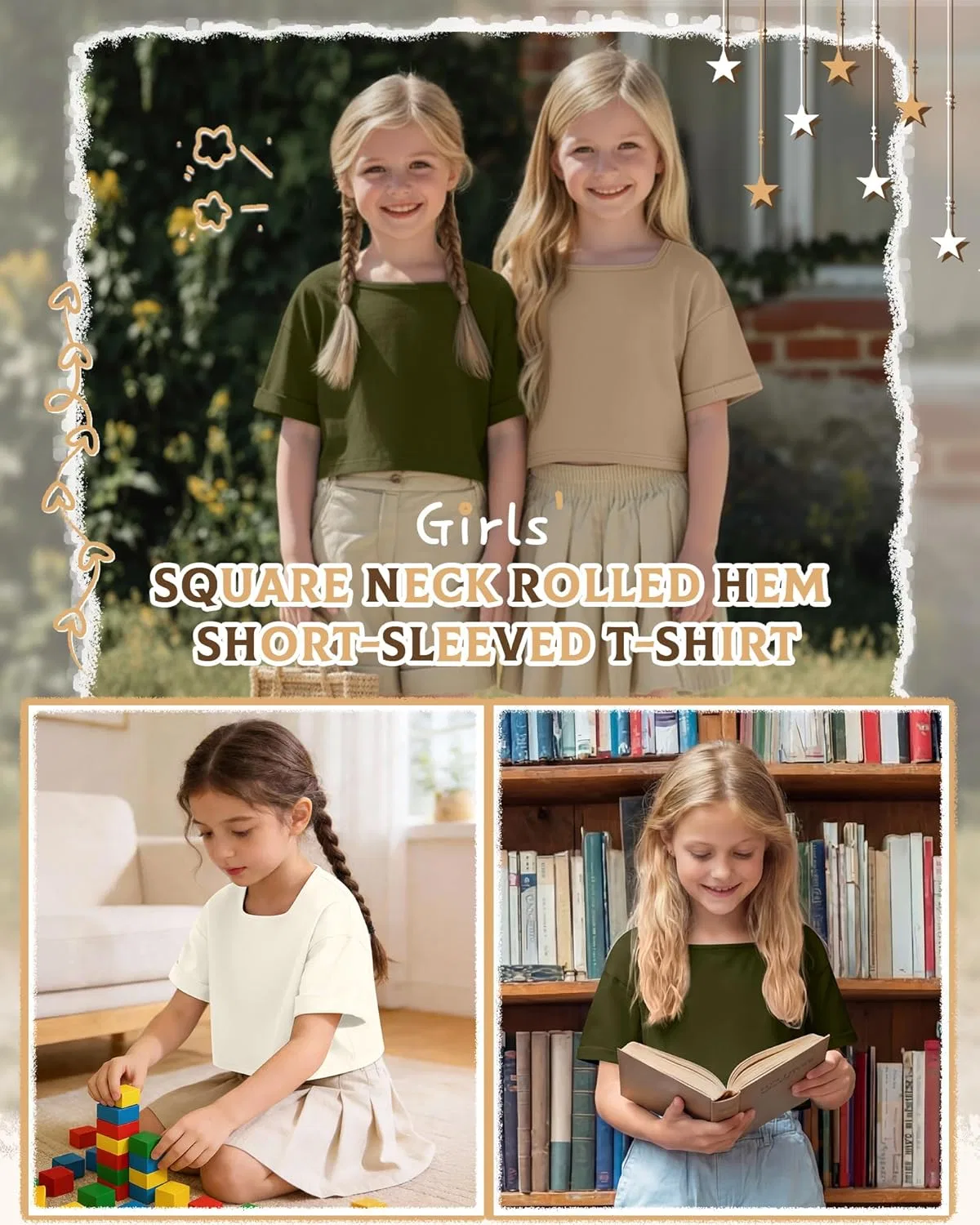 Детские топы оверсайз с квадратным вырезом, 3 шт, LessonZoo, Khaki, Cream, Army Green — фото 4
