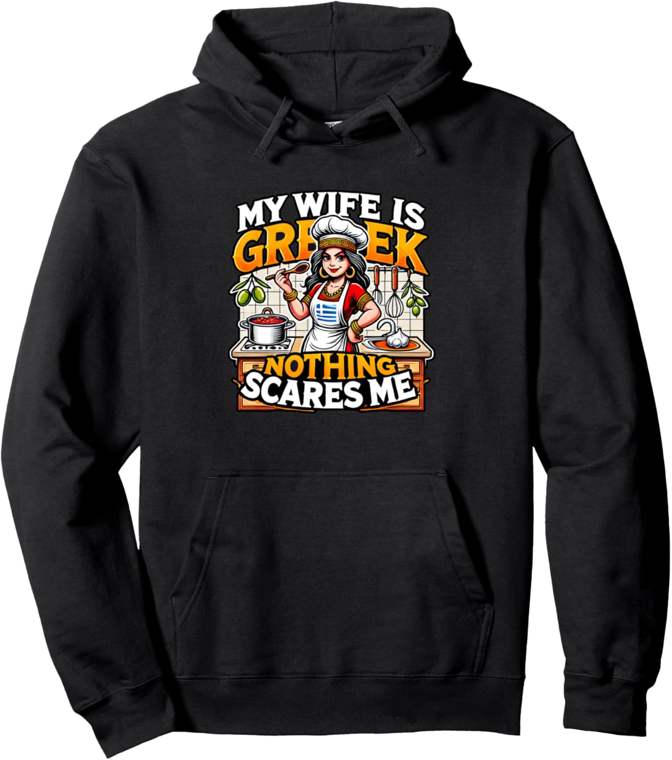 

Моя жена - гречанка, меня ничего не пугает (толстовка с капюшоном) Greek Culture Funny Greek Wife Gift Ideas, черный