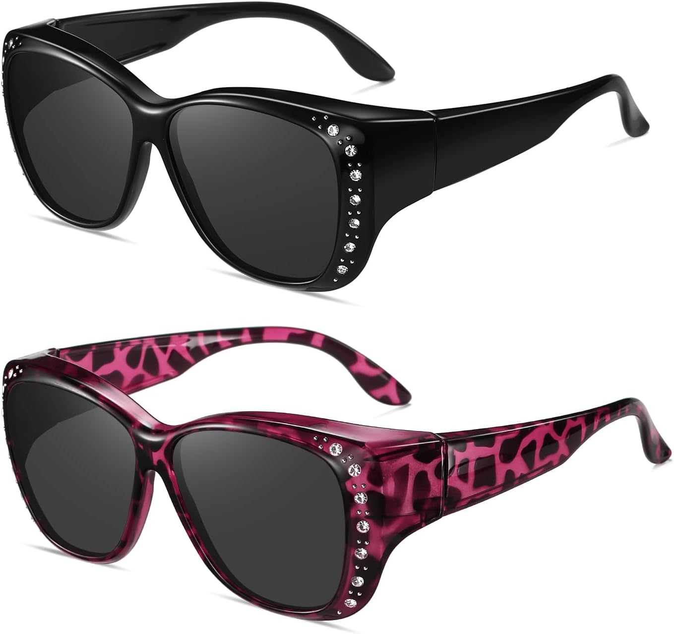 

Солнцезащитные очки Wzerry, надеваемые поверх обычных очков, для женщин, в стиле ретро, ​​поляризованные, с защитой от УФ-излучения UV 400 и стразами, Black/Grey + Purple Tortoise/Grey