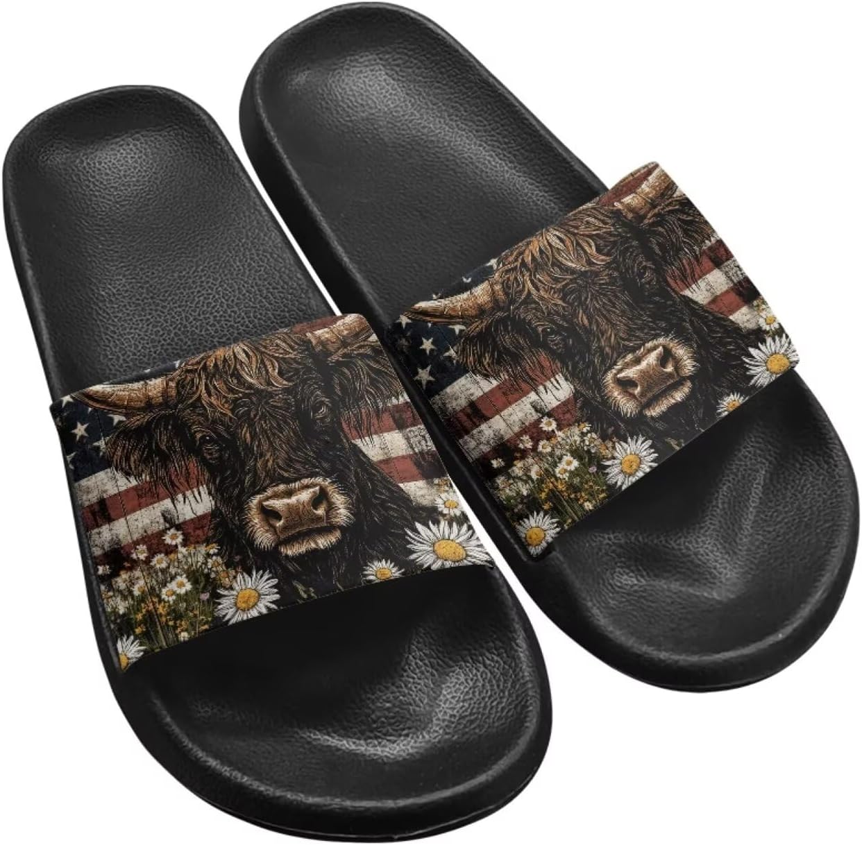 

Женские шлепанцы Jeiento с открытым носком, сандалии для отдыха, мягкие пляжные туфли с противоскользящей подошвой, Highland Cow Us Flag Daisy Flower
