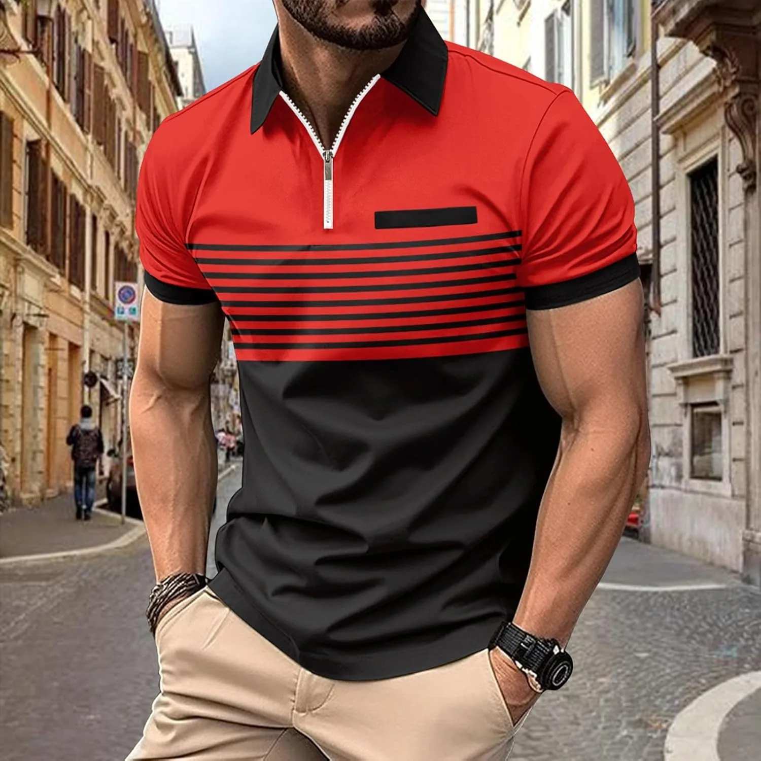 Мужская поло с карманом, короткий рукав, полоска, slim fit — фото 2