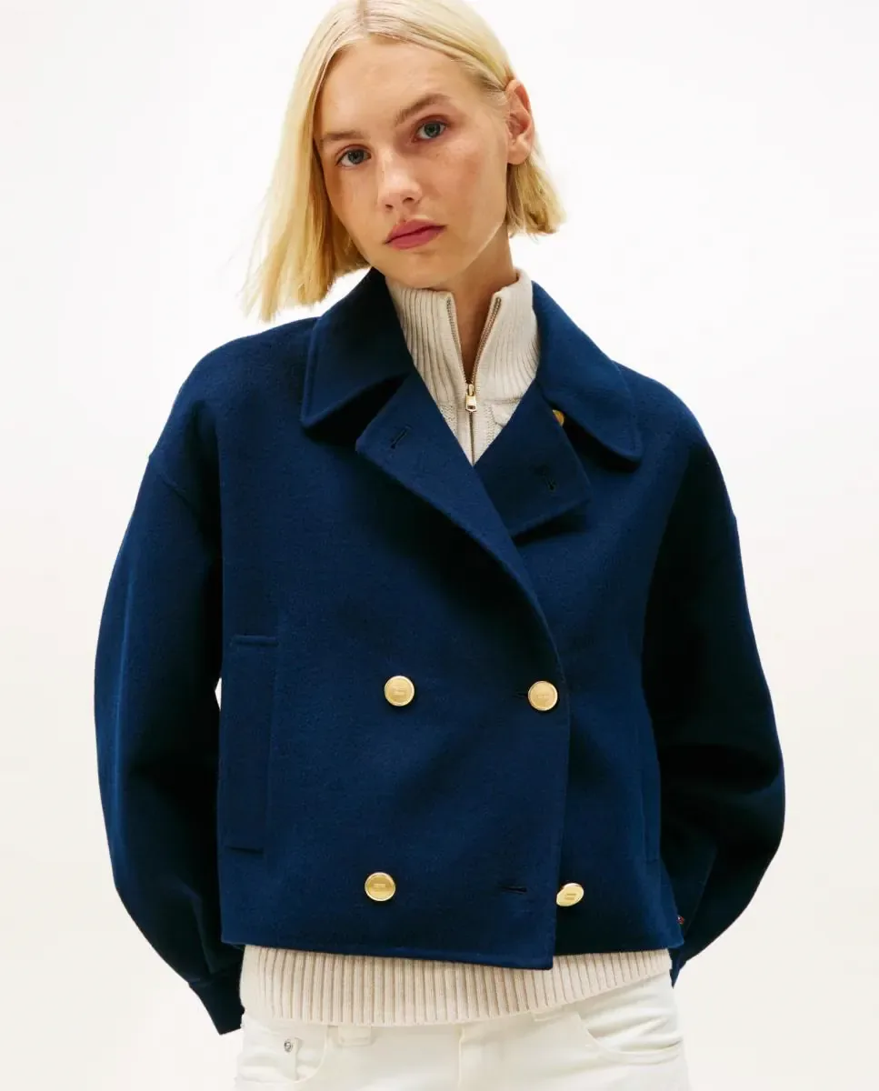 Женское короткое пальто на запах Tommy Hilfiger, темно-синий — фото 2