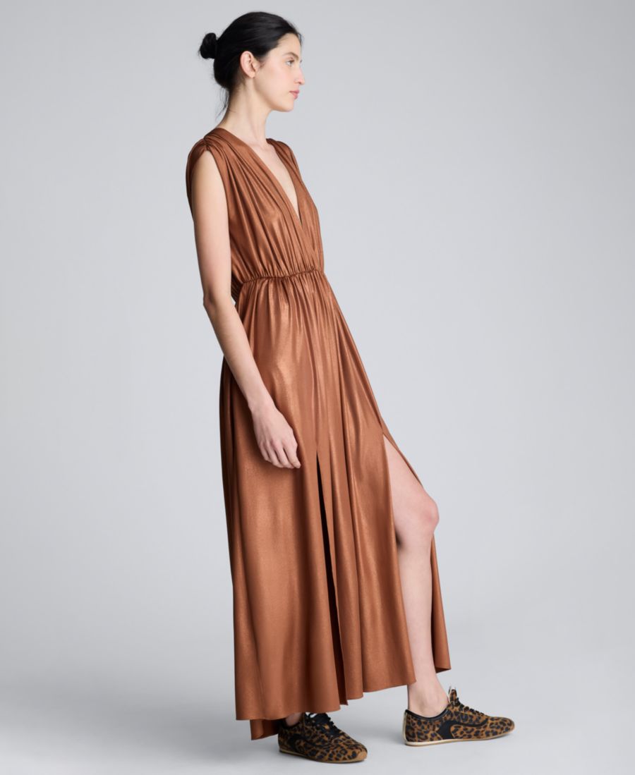 

Женское макси-платье из металлизированной вязки с V-образным вырезом и сборками Kenneth Cole, Burnt Copper