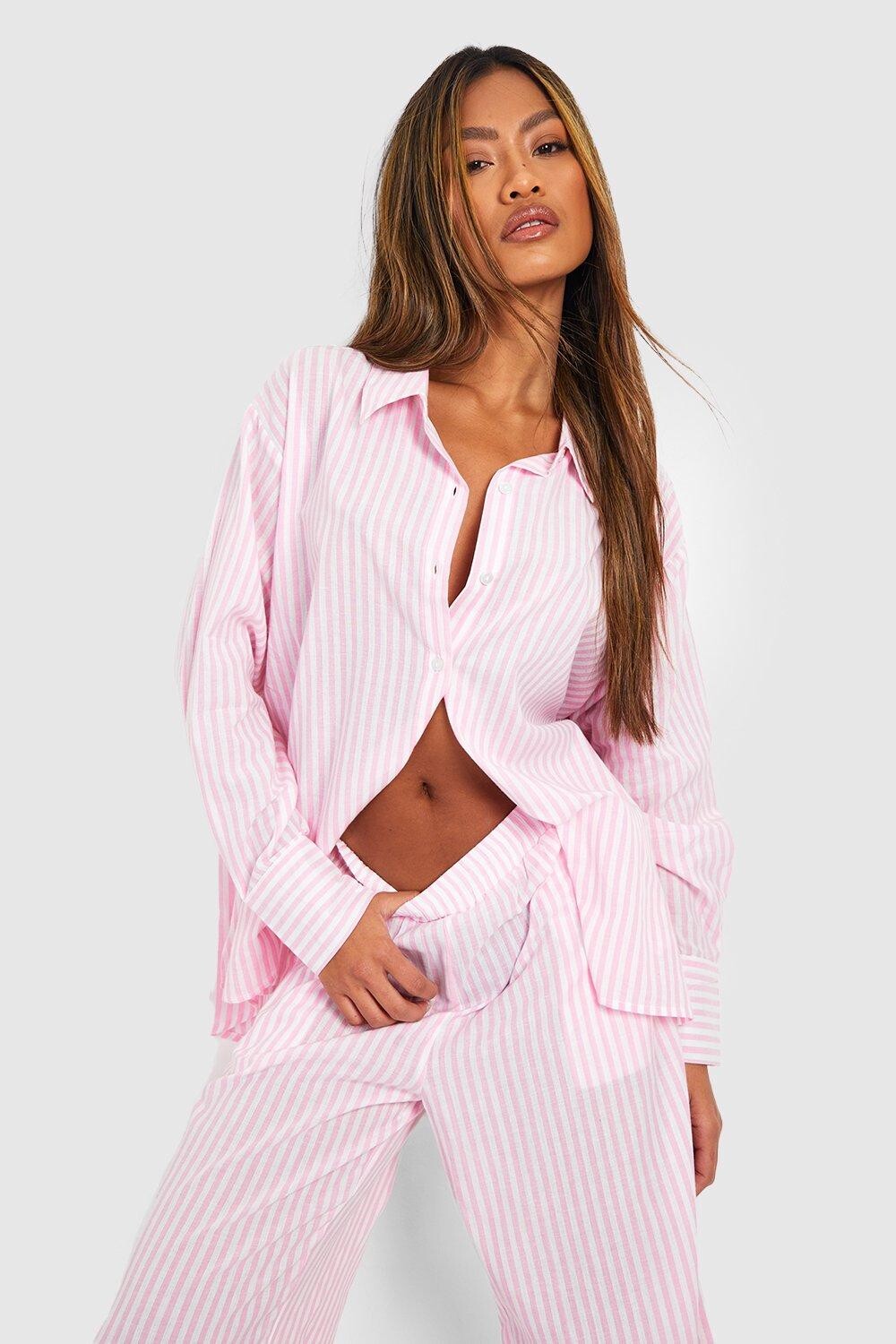 

Пижамная рубашка оверсайз из хлопка в тонкую полоску boohoo, розовый