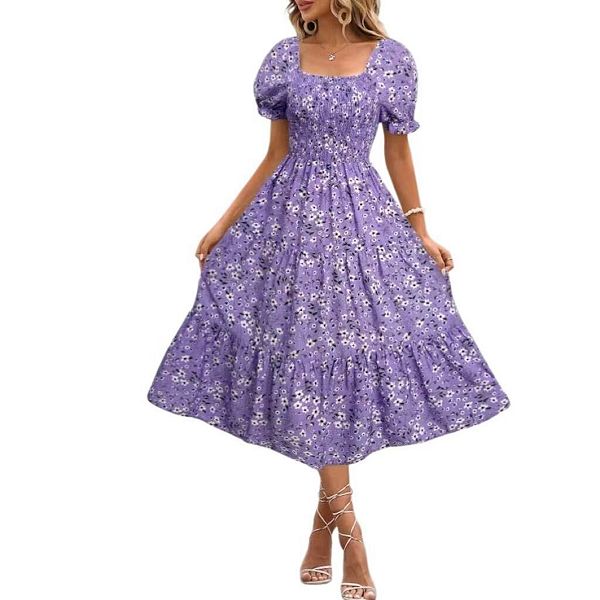 

Женское летнее платье миди с присборенным лифом, квадратным вырезом и пышными короткими рукавами Clearflower, Purple Floral