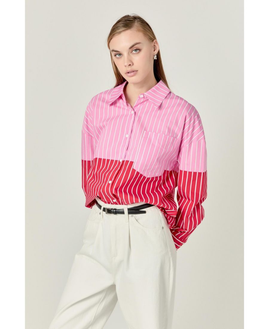 

Женская рубашка в полоску с цветовыми блоками English Factory, Pink/red