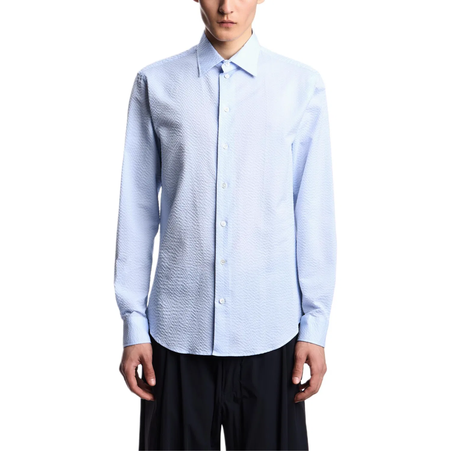 Рубашка из хлопка с эффектом сжатости Emporio Armani голубая — фото 3