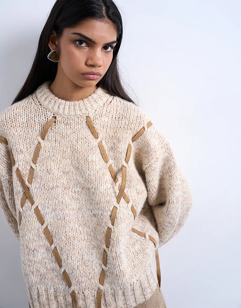 

Вязаный джемпер Topshop с узором «ромбы» и замшевыми ремешками коричневого цвета