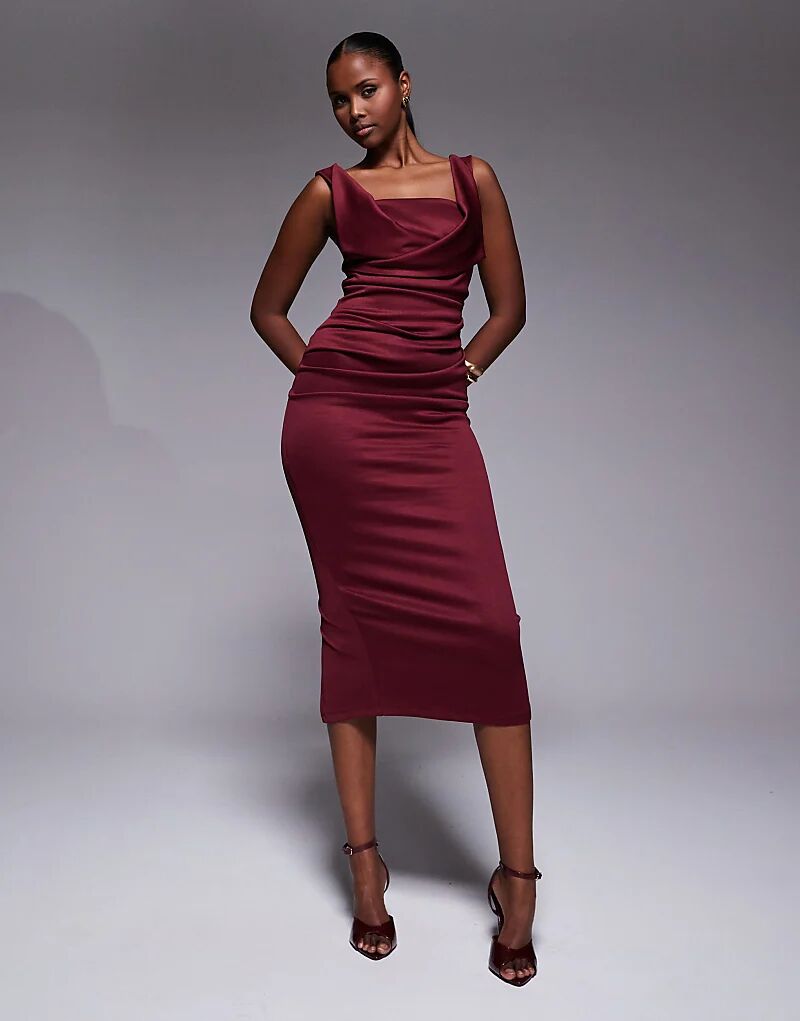 

Платье-футляр миди с квадратным вырезом и складками на груди ASOS DESIGN бордового цвета