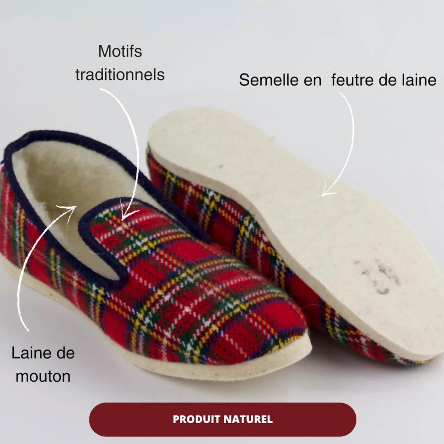 La Pantoufle du Berry Charentaise du Berry - Размер 36/53 - Унисекс обувь. Сделано во Франции. Внутренняя подкладка из 100% натуральной шерсти, теплые зимние домашние тапочки. Красный/синий — фото 4