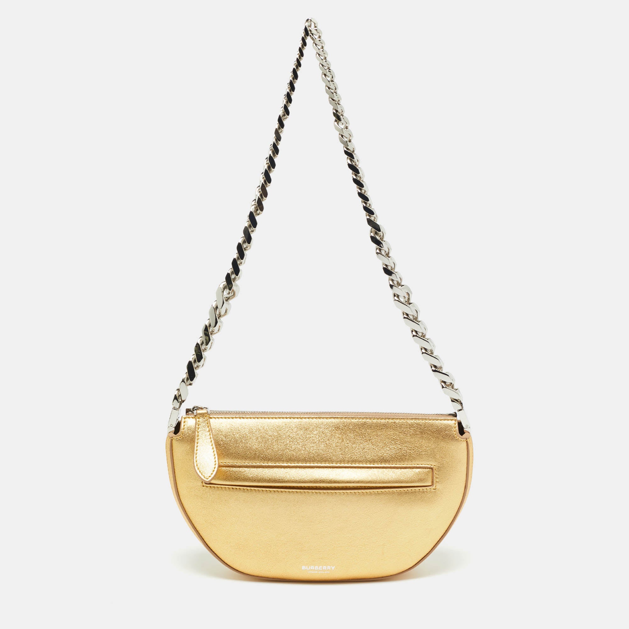 

Мини-сумочка Burberry Olympia из золотистой кожи с застежкой-молнией и цепочкой, золото