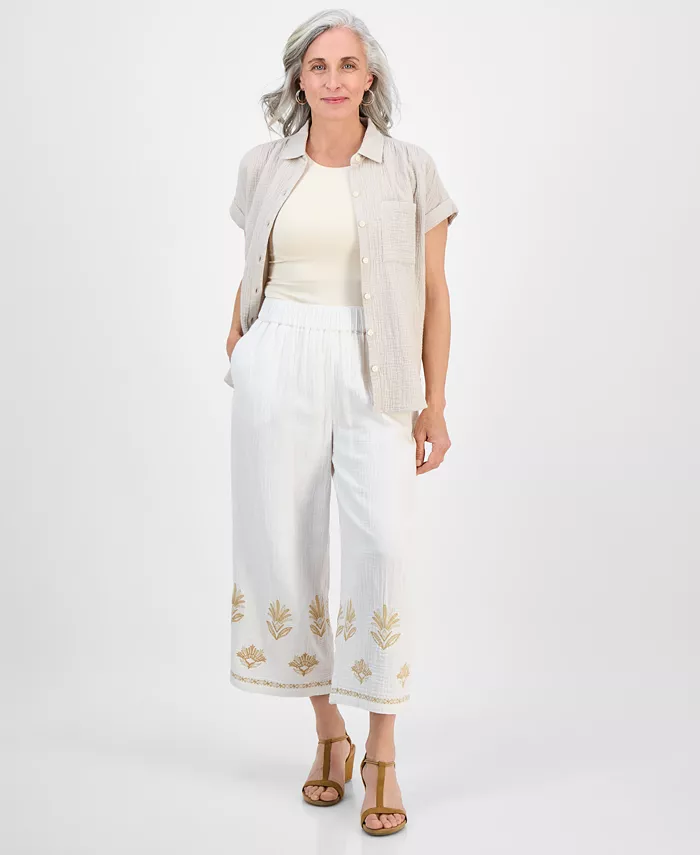 

Укороченные хлопковые брюки с вышивкой на резинке Style & Co, коричневый/бежевый