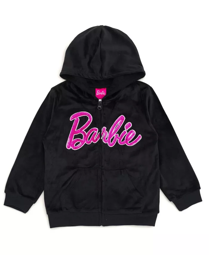 

Детская худи на молнии из велюра для девочки, семейный комплект Barbie, черный