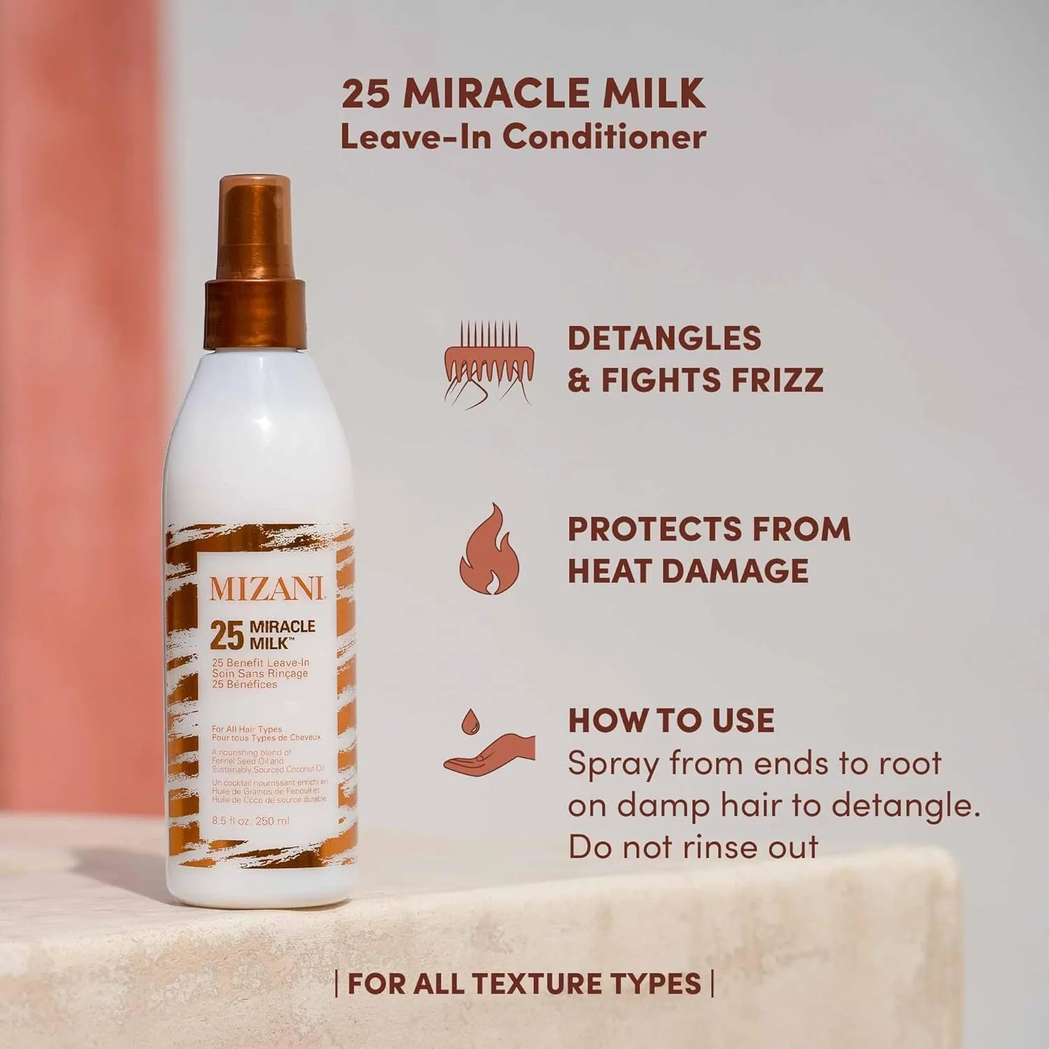 Mizani 25 Benefit Miracle Milk - несмываемый кондиционер для кудрявых волос, с кокосовым маслом, спрей для распутывания кудрей, термозащита против пушистости, без сушащих спиртов, без парабенов. 399 мл (.), black — фото 2