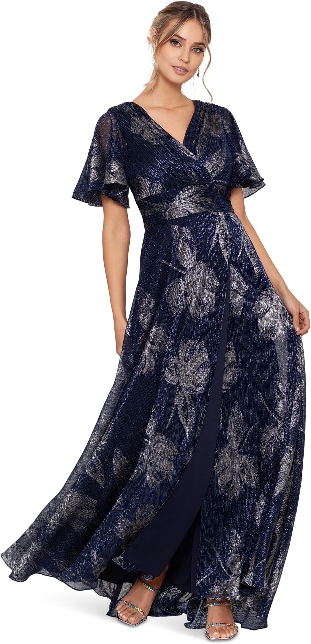 

Платье Betsy & Adam Long Flutter Sleeve Foil Print Gown, цвет Navy/Gunmetal