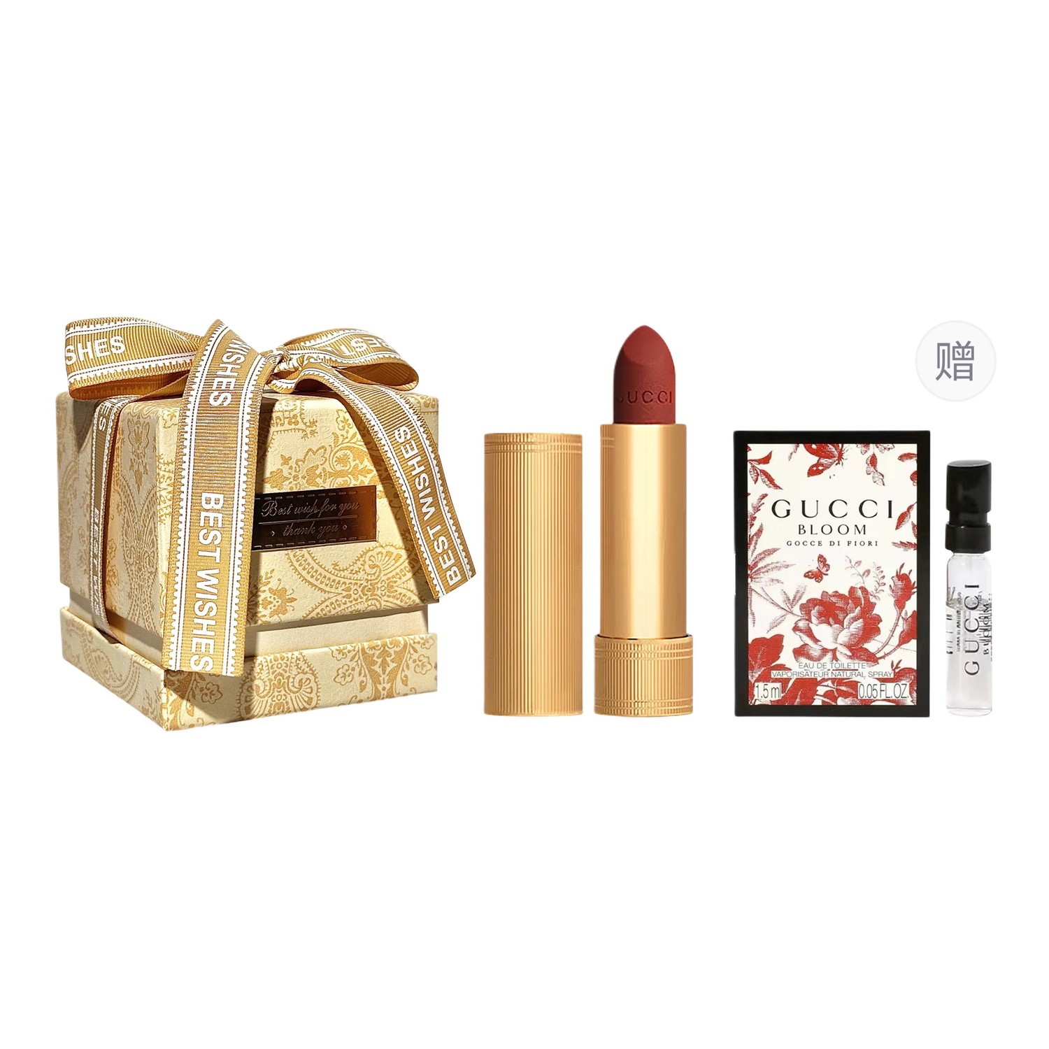 Подарочный набор Gucci: помада Rouge à Lèvres Mat 208 Love Argentina + пробник туалетной воды Gucci Bloom Gocce di Fiori — фото 2