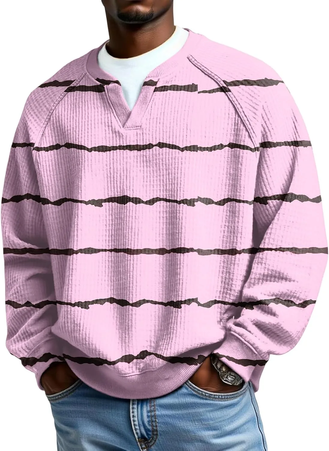 

Мужская футболка с V-образным вырезом и длинным рукавом, Casual, Plus Size, в полоску