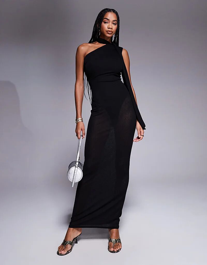 

Эксклюзивное прозрачное платье макси Kaiia на одно плечо с сетчатым шарфом в черном цвете