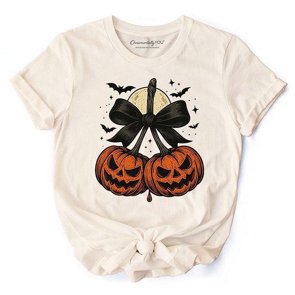 

Футболка Pumpkin cherries coquette bow, ретро для осени и Хэллоуина Ornamentallyyou, Natural