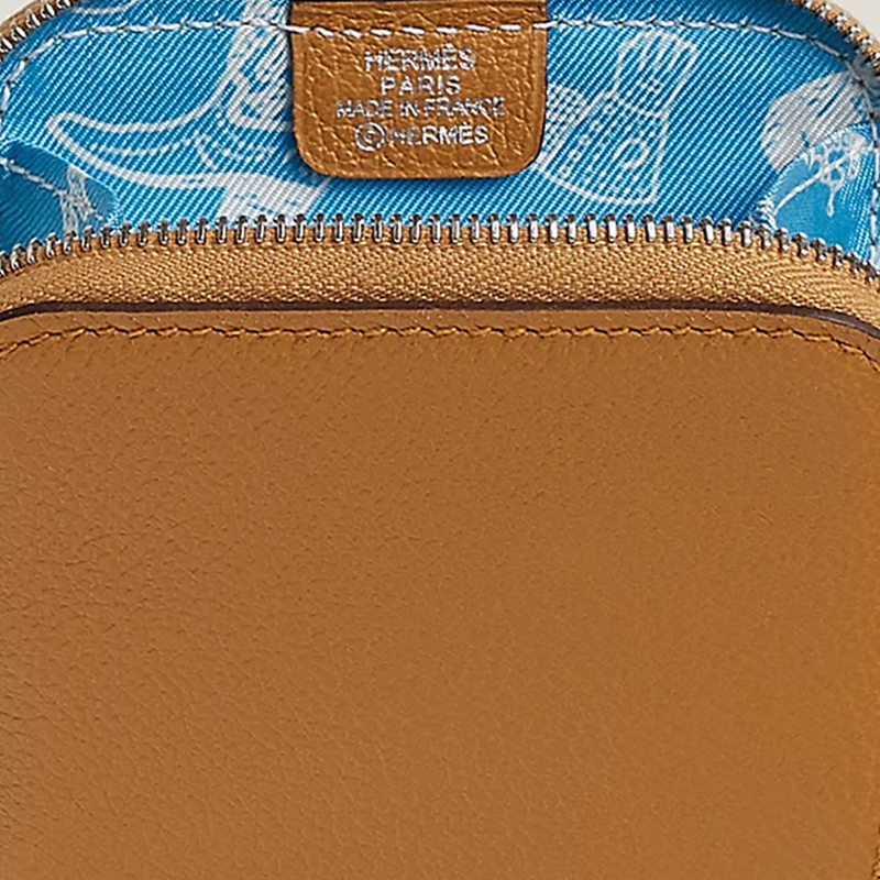 HERMES Шёлковый кожаный кошелёк-монетница женский карамельно-коричневый и синий — фото 3