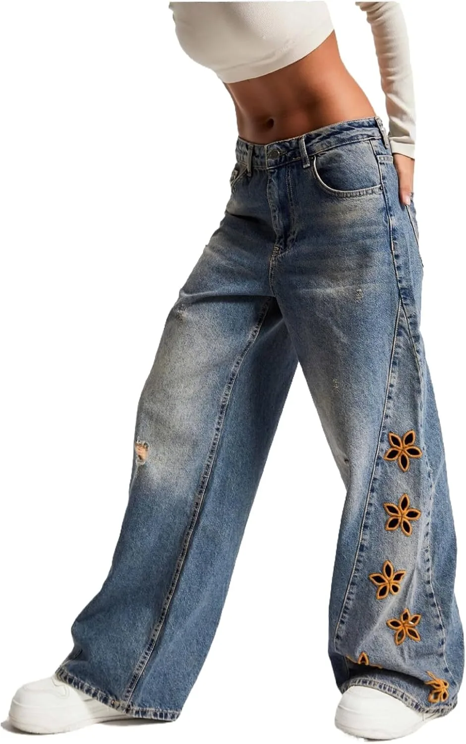 

Женские джинсы low rise baggy с вышивкой floral, широкие, в стиле y2k Gold Toucher