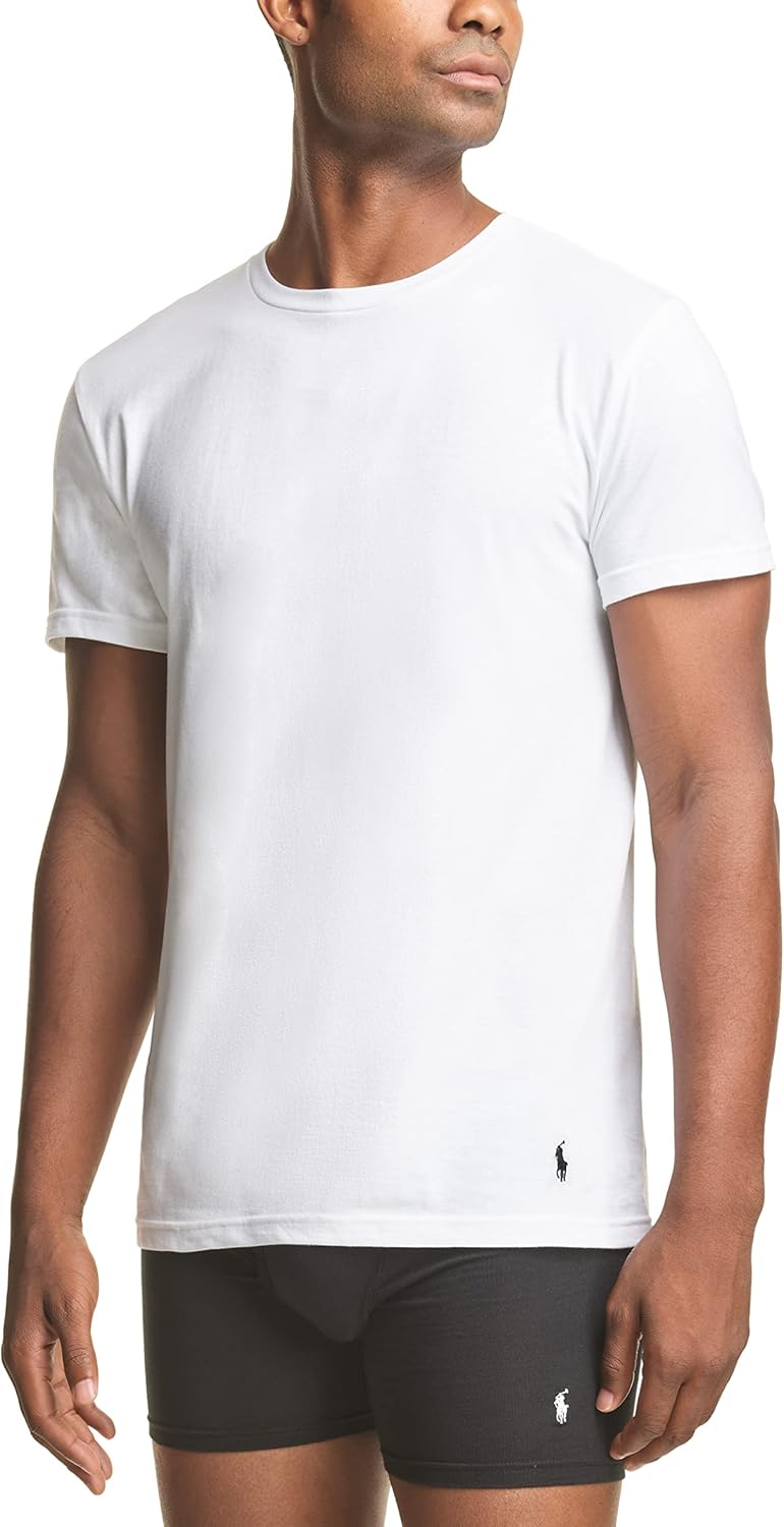 Футболка POLO RALPH LAUREN Mens Classic Stretch Crew Undershirts Big & Tall 3-Pack, White/Navy - 3 Pack — фото 2