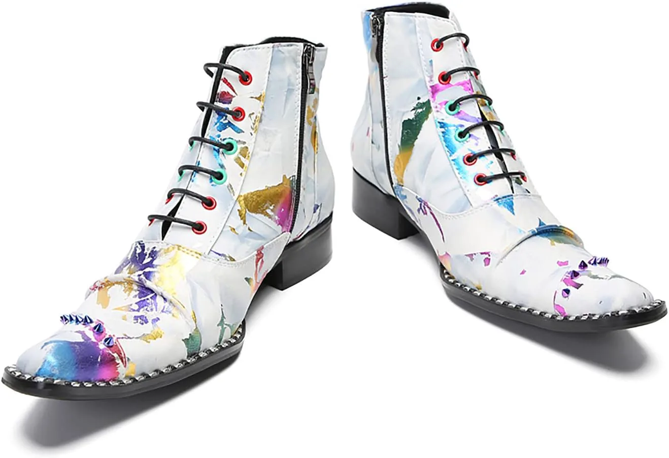 

Мужские вестерн-ботинки Santimon Oxford - повседневные ботильоны из натуральной кожи с боковой молнией и яркими заклепками для свадьбы, вечеринок и диско, белый