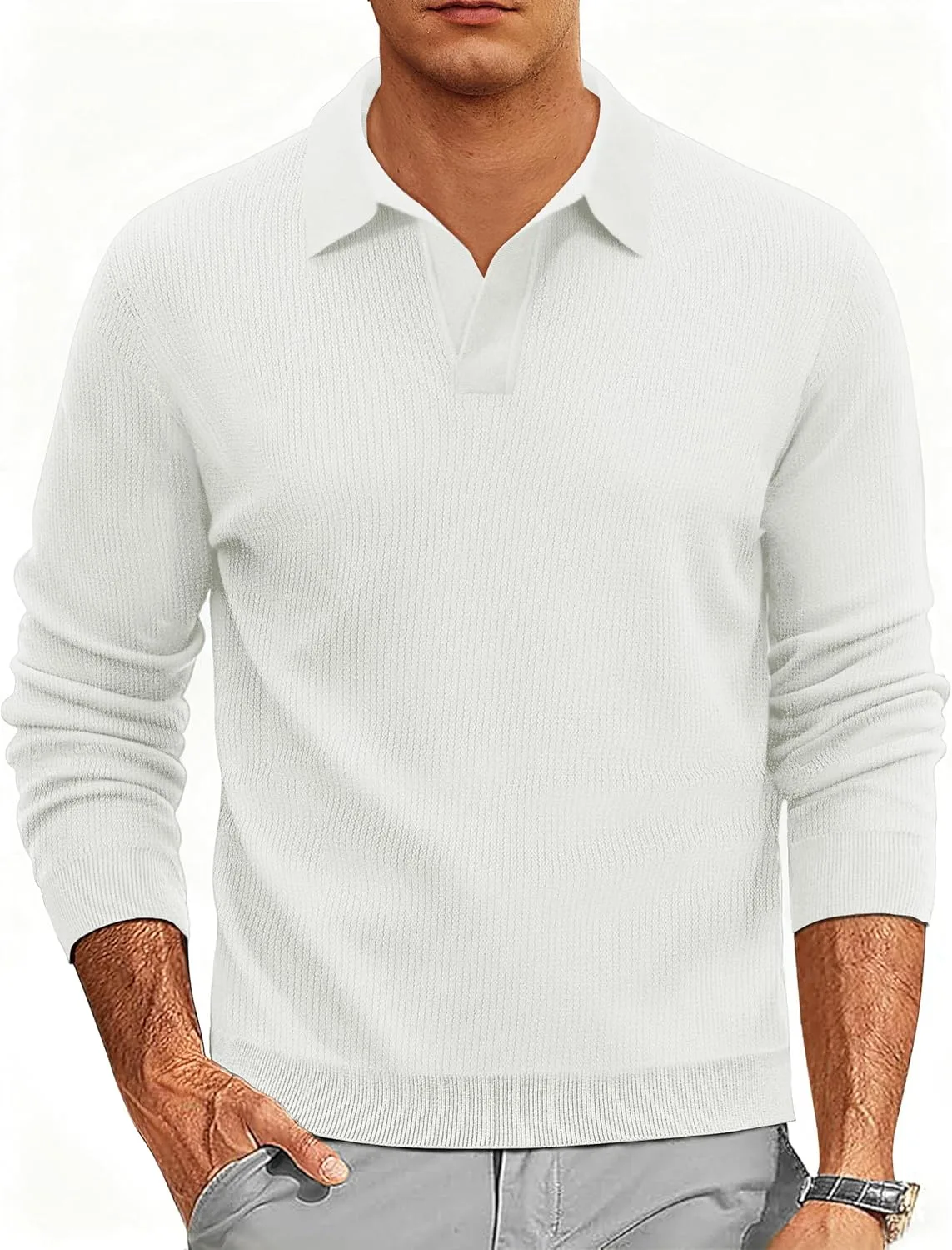 

Cotrasen мужской свитер с воротником и длинными рукавами, легкий, в рубчик, V-образный вырез