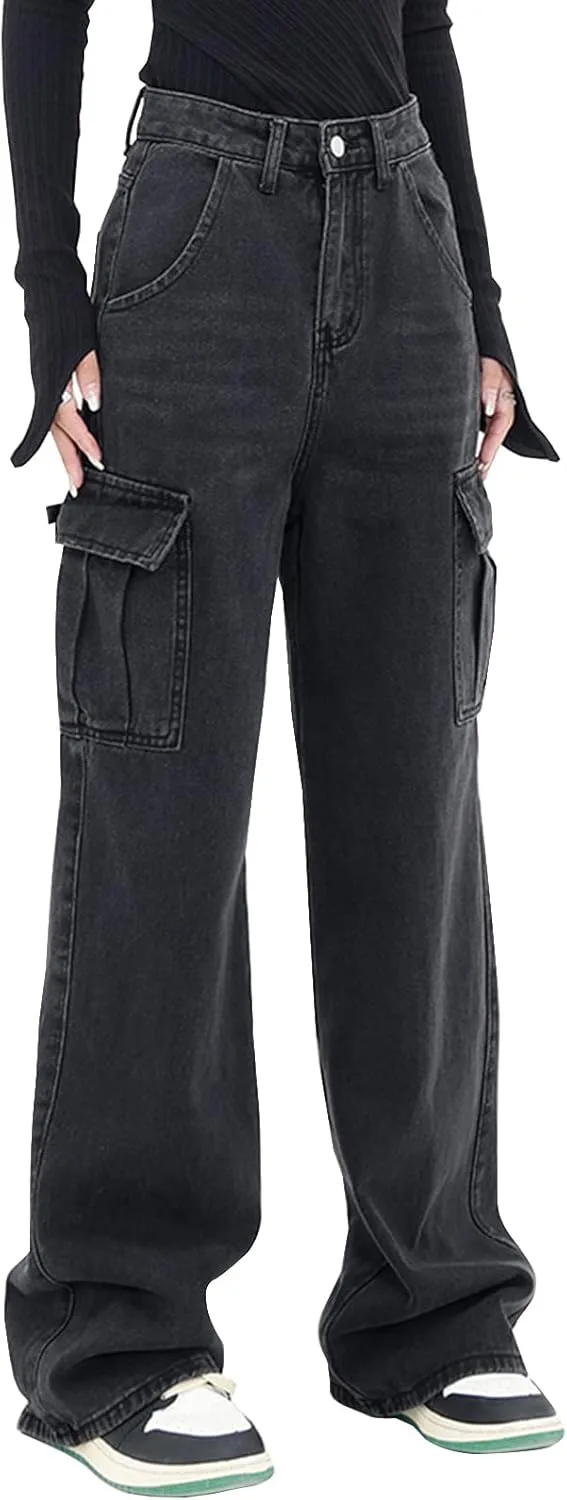 

Longyida женские джинсы карго с высокой талией, прямые широкие, стрейч