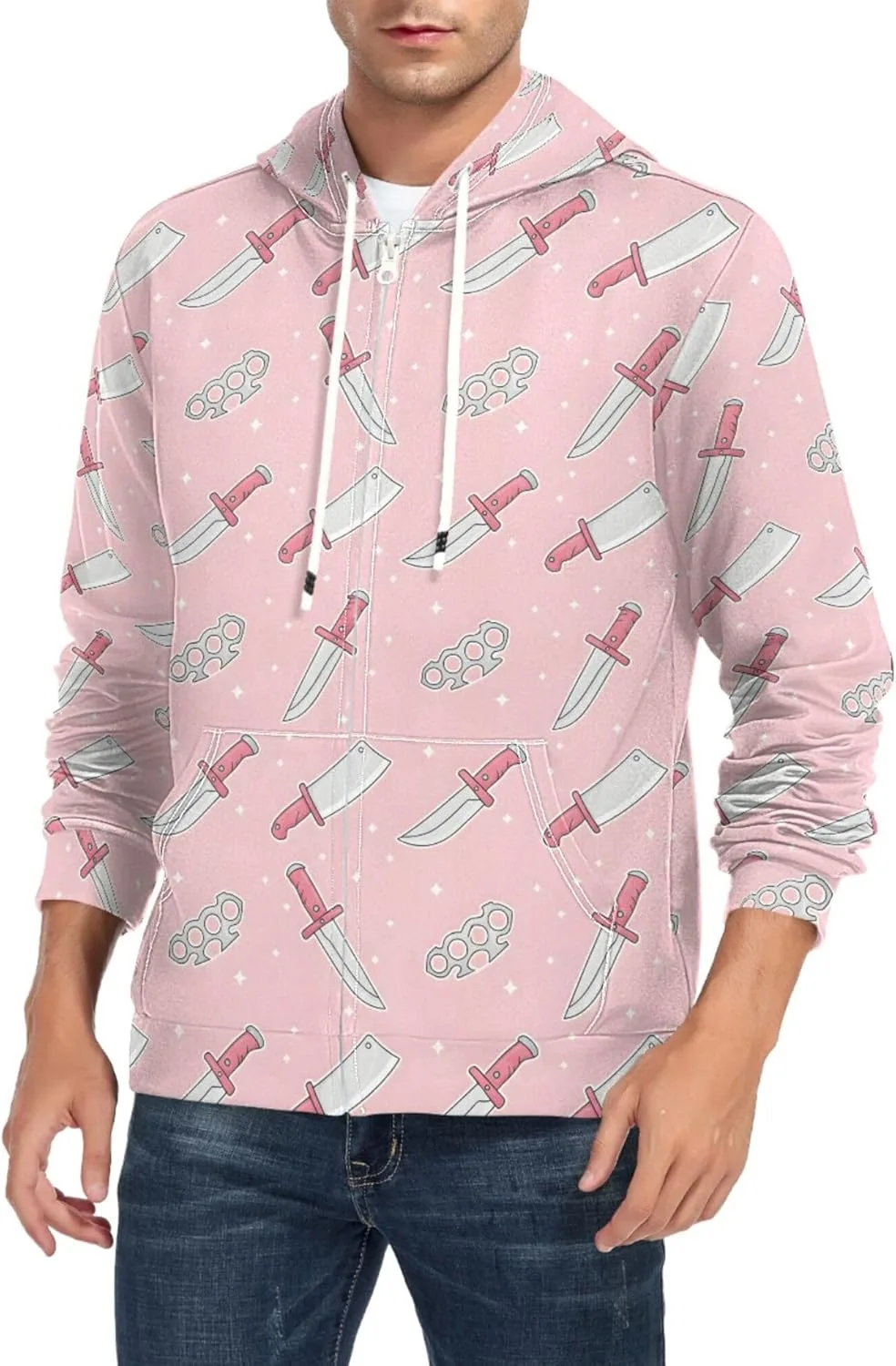 

Мужская толстовка с капюшоном на молнии Pink Knife Print CUPADA