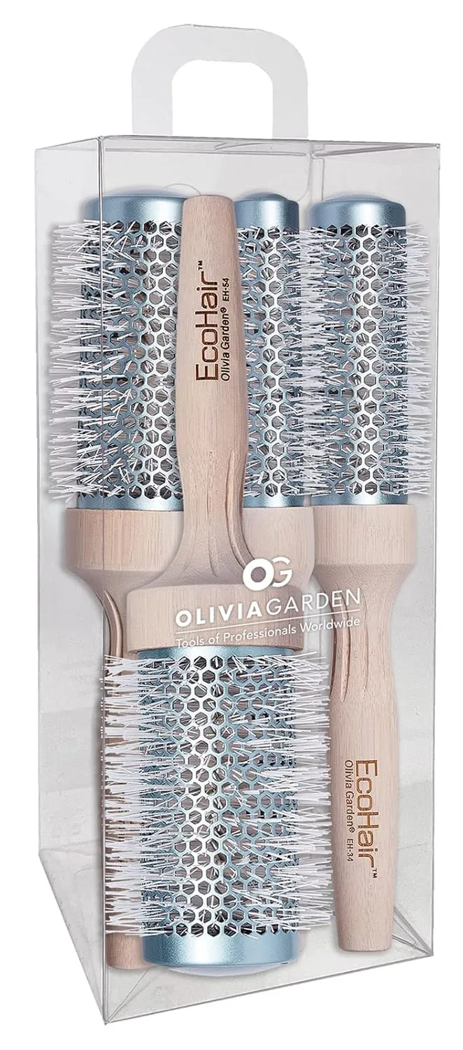 Круглая термощетка для волос Olivia Garden EcoHair из бамбукового волокна (не электрическая) с керамическим покрытием для нормальных и густых волос. 4 шт., Cream White, Silver, White
